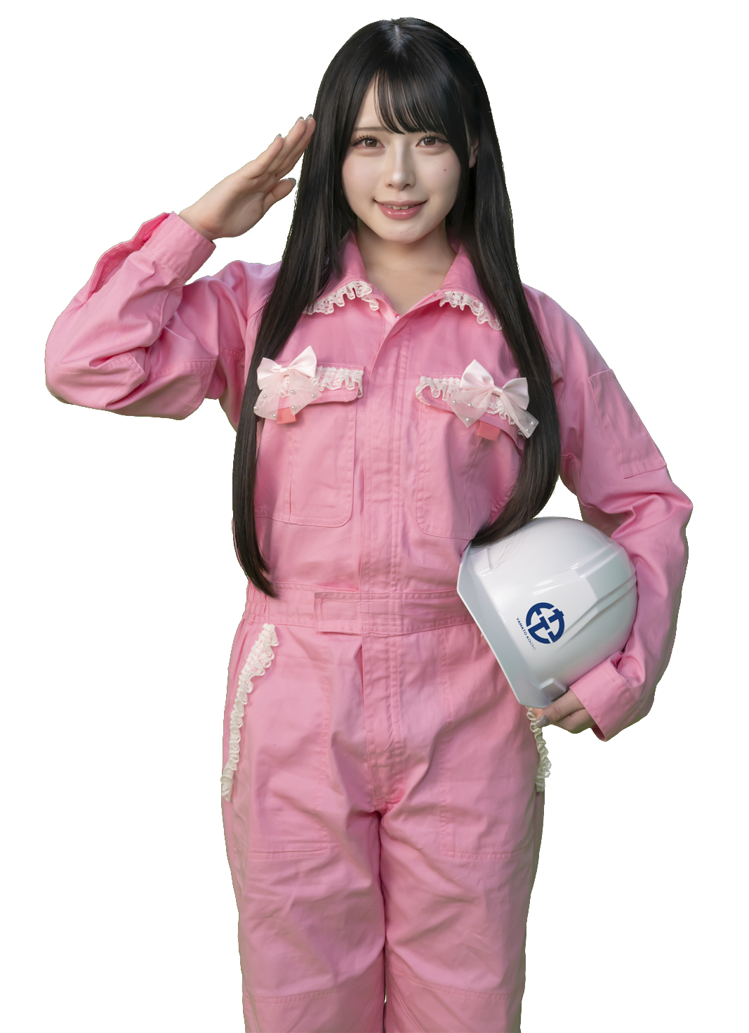 作業着姿で敬礼するむめいちゃん
